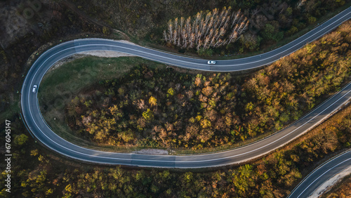 car vehicle drive on Tresibaba mountain range nature aerial view in autumn day near Knjazevac Serbia top down