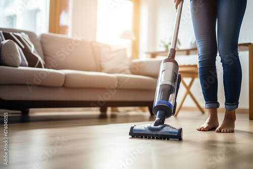 Woman vacuuming the living room with cordless vacuum cleaner photo