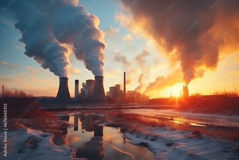 Industrial Sunset: Coal Power Plant Emitting Smoke