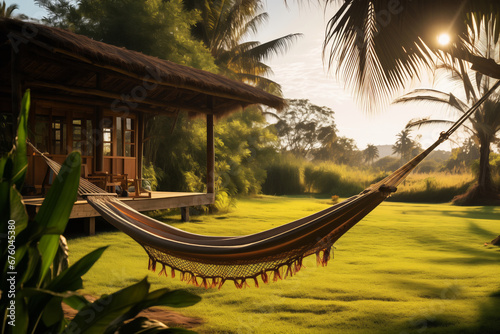 Serene eco resort with beautiful bungalow and hammock for a tranquil countryside escape. Summer holidays retreat concept