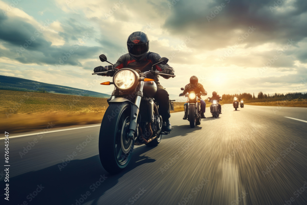 Naklejka premium Dynamic Skyline Cruise: Bikers Unleashed