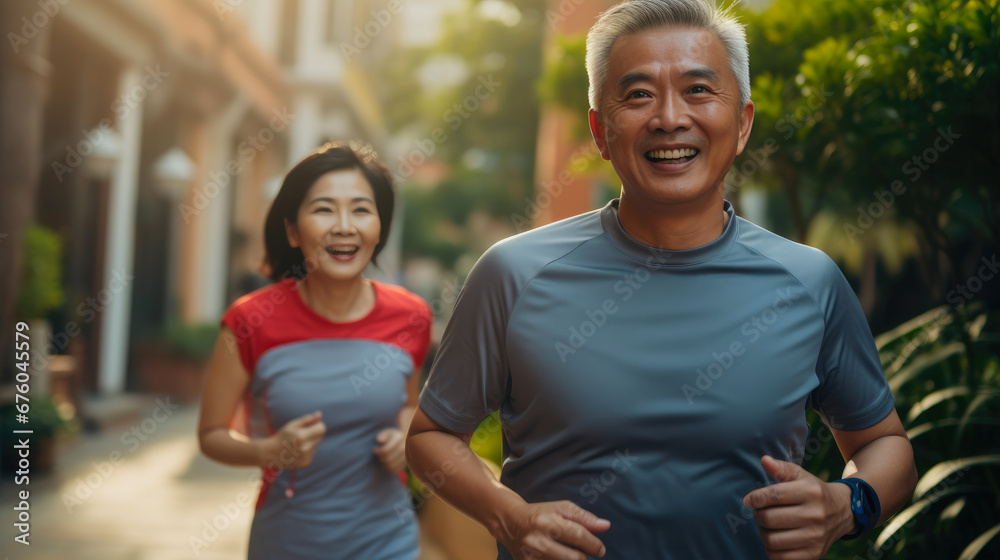 Urban Jogging Joy: Asian Couple in Action