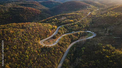 truck vehicle drive on Tresibaba mountain range nature aerial view in autumn day near Knjazevac Serbia top down