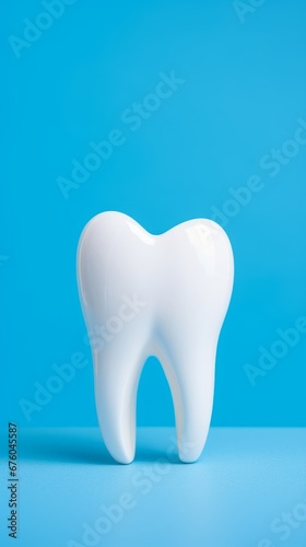 Tooth model on blue background. Dental care and health concept