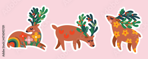 Stickers of three cute Christmas deers with horns mistletoe
