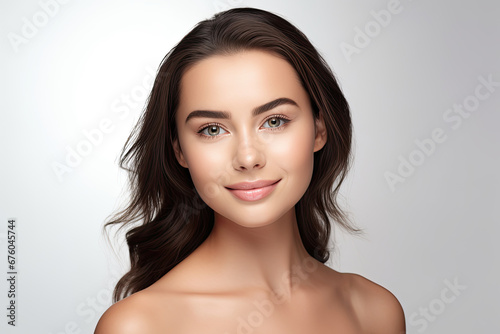 A portrait of a young woman with flawless, natural beauty, emphasizing skincare and cosmetology, showcasing her perfect skin and attractive features.