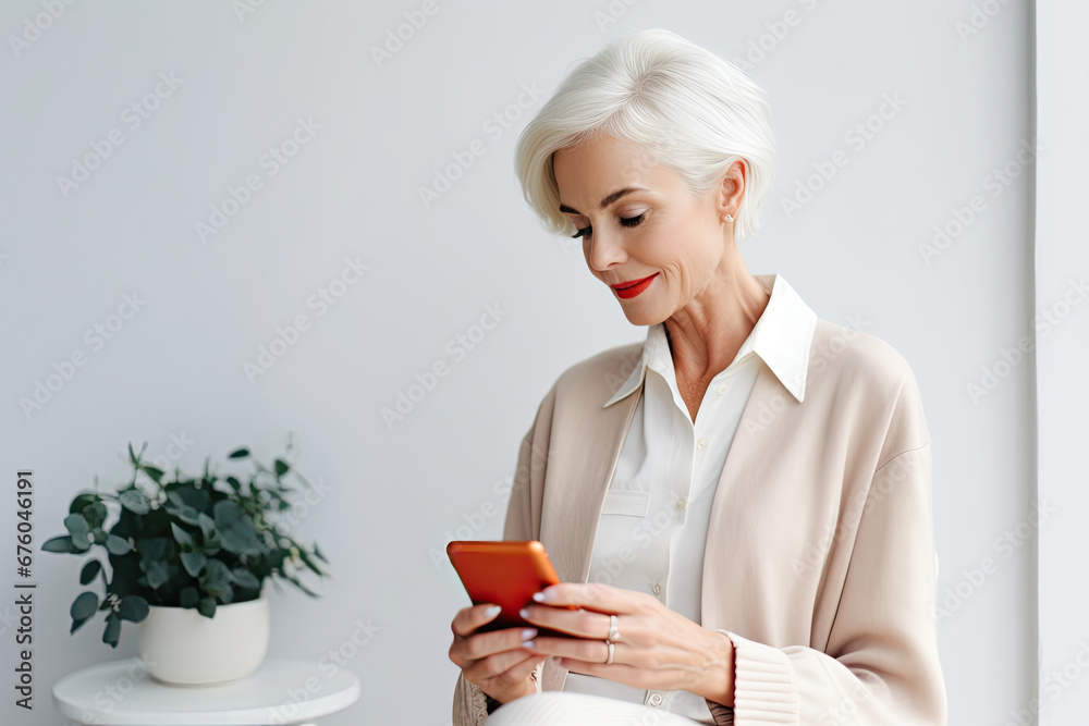 Stylish elderly woman using modern technology looks at her phone Stylish elderly woman using modern technology looks at her phone