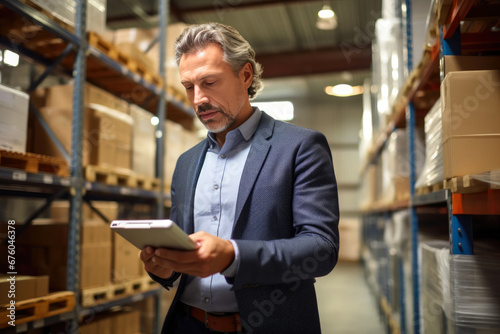 Data-Driven Storage: Middle-aged Man Monitoring Goods