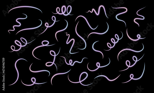 Set of light neon lines in the form of swirl and spirals. Vector illustration.