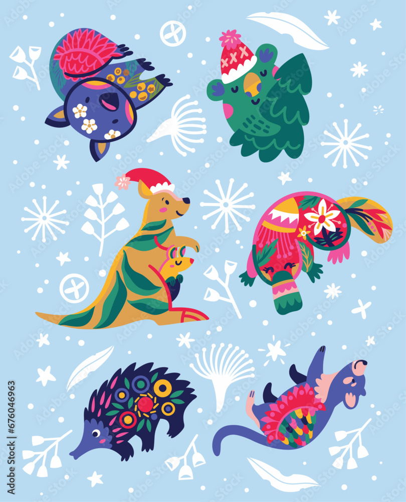 Merry Christmas and happy new year with adorable decorative Australian animals Merry Christmas and happy new year with adorable decorative Australian animals