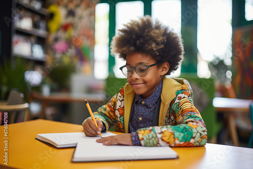 Portrait happy african american boy curly hair working homework. Concept education in school offline