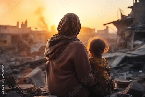 Young woman mother in hijab holds baby child against background of destroyed buildings home due to war or earthquake photo