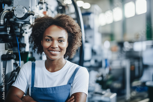 Portrait happy African American woman engineer or technician worker working on smart industry factory, background workplace photo