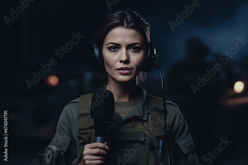 War press journalist young woman wearing bulletproof vest reporting live from destroyed city, pov camera view correspondent. photo