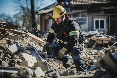 Emergency service man in helmet clears rubble of house after natural disaster after Earthquake or bomb of war