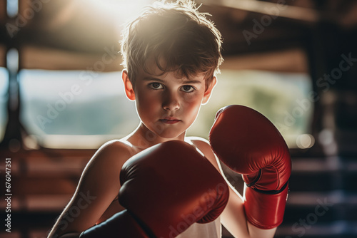 Young boy boxer with gloves fight on ring, sunlight