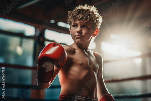 Young boy boxer with gloves fight on ring, sunlight photo