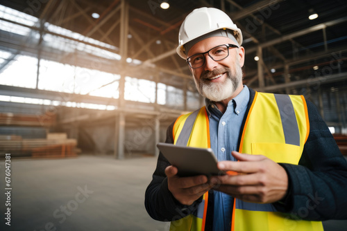 Experienced Construction Foreman Analyzing Plans on Tablet