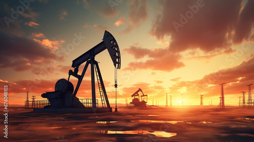 Silhouette of oil pumps at sunset. Pumping oil from drilling rigs. The concept of the energy crisis in the world. Oil production and fossil resources. 