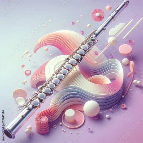 Minimalist and modern flute illustration with 3D floating elements in pastel tones, embodying tranquility and balance. photo