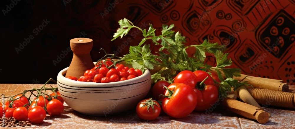 In an Asian kitchen with a red theme the background showcases the vibrant colors of ingredients like tomatoes vegetables and aromatic spices used for healthy cooking meanwhile an African st In an Asian kitchen with a red theme the background showcases the vibrant colors of ingredients like tomatoes vegetables and aromatic spices used for healthy cooking meanwhile an African st