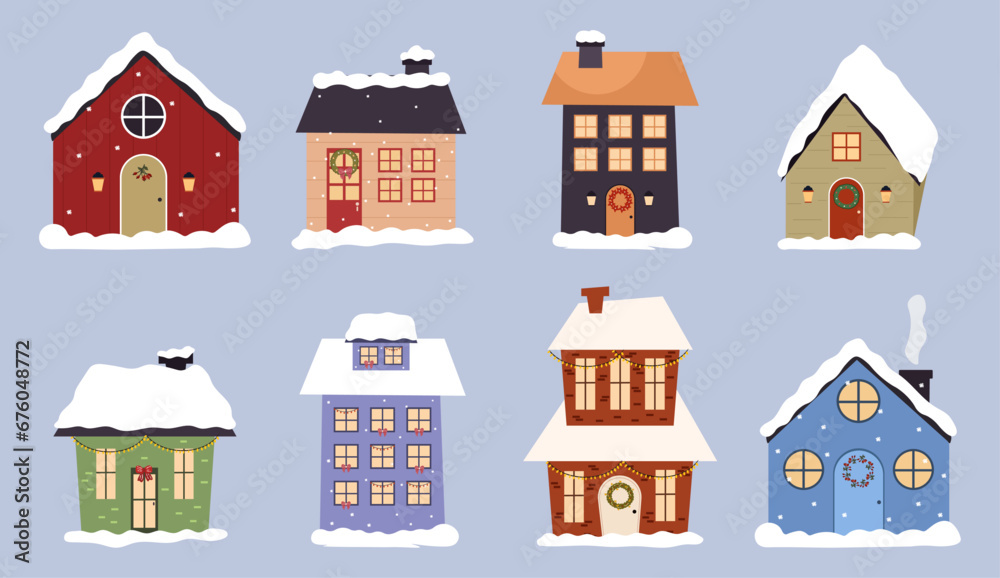 Collection of Christmas houses in winter, flat vector illustration. Merry Christmas