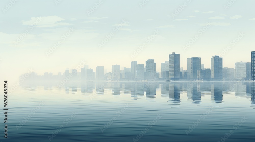 Minimalistic modern scene with buildings positioned in water. Hyper-realistic, sharp-focus with light haze creating a dreamy atmosphere. Unique architectural features in a serene ambiance