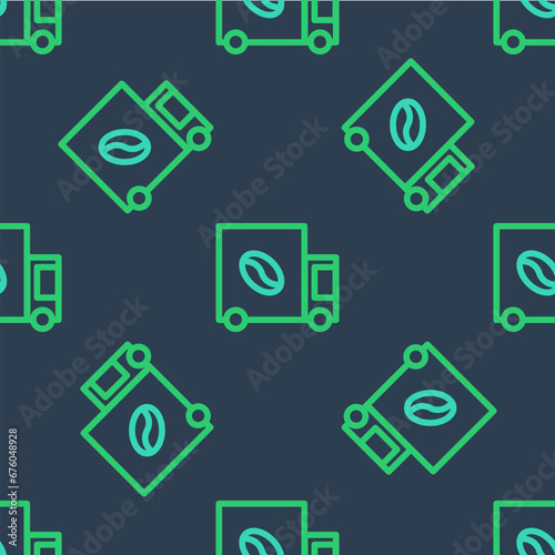 Line Coffee street truck machine icon isolated seamless pattern on blue background. Delivery coffee. Vector