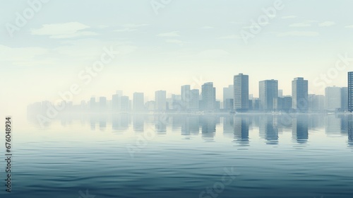 Minimalistic modern scene with buildings positioned in water. Hyper-realistic, sharp-focus with light haze creating a dreamy atmosphere. Unique architectural features in a serene ambiance © Aidas