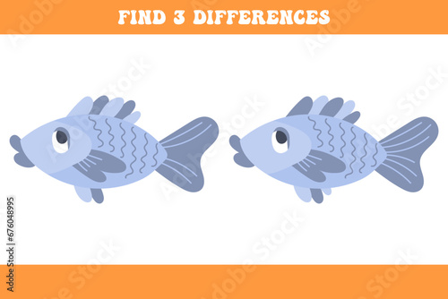 Find 3 differences between two cartoon fish. Children's logic game, educational puzzle, vector