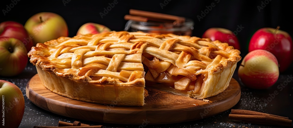 I sliced a sweet apple pie baked fresh from the bakery and savored every bite of the delicious fruity dessert - obrazy, fototapety, plakaty 