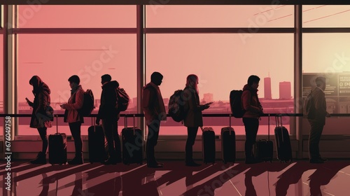 A maroon and black airport scene captures weary travelers waiting in line, reflecting the frustrations of air travel and consumer culture