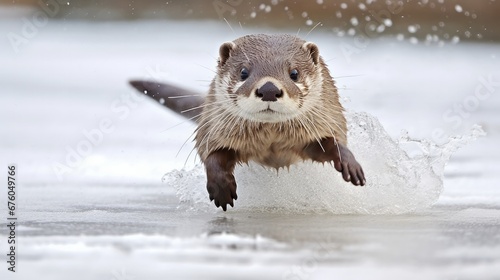 Running on the ice in captivity is the European otter (Lutra lutra). photo