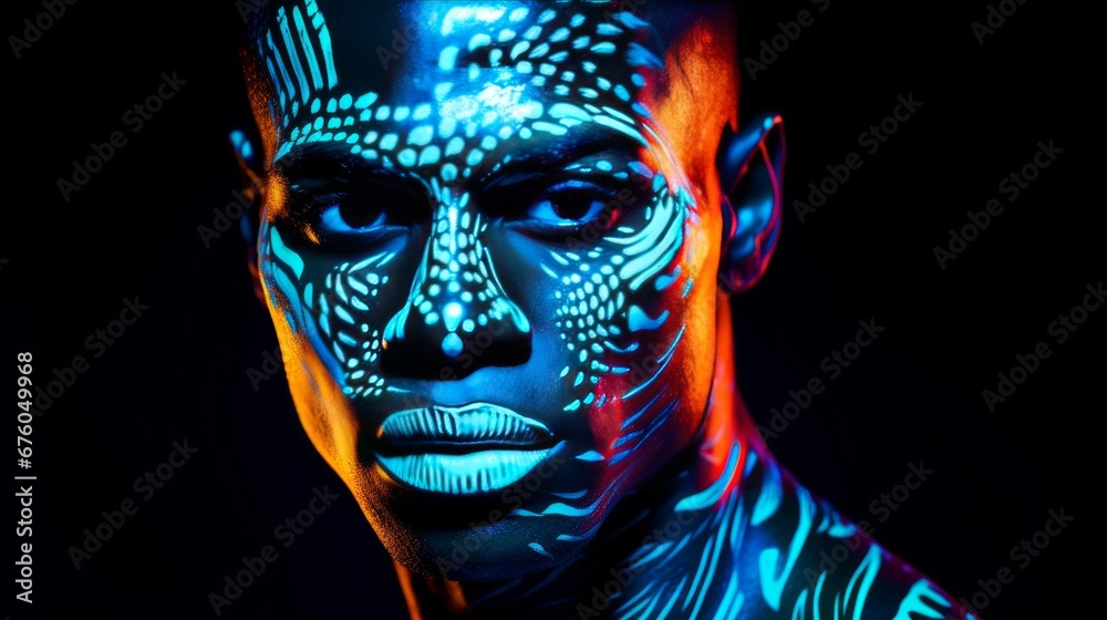 Fantastic, enigmatic African man with UV body art standing for the camera; the futuristic paint sparkles in neon.