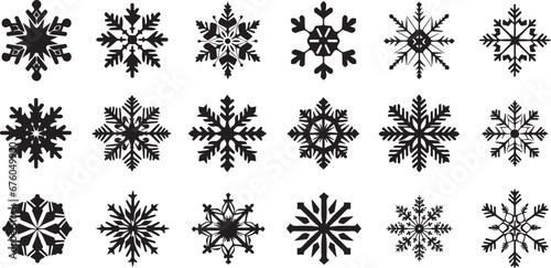 Snowflakes big set icons. Flake crystal silhouette collection. Happy new year, xmas, christmas. Snow, holiday, cold weather, frost. Winter design elements. Vector illustration