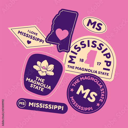 Sticker Pack. Collection of trendy pins. Set of cool patches vector design. Mississippi retro badges.