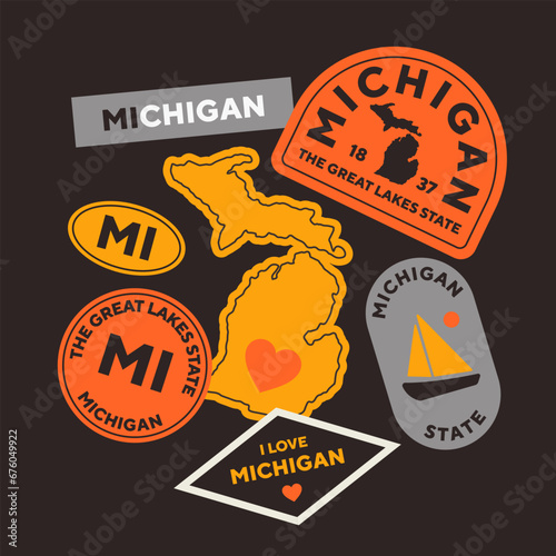 Sticker Pack. Collection of trendy pins. Set of cool patches vector design. Michigan retro badges.