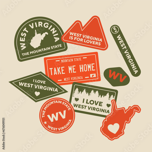 Sticker Pack. Collection of trendy pins. Set of cool patches vector design. West Virginia retro badges.