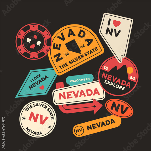 Sticker Pack. Collection of trendy pins. Set of cool patches vector design. Nevada retro badges.