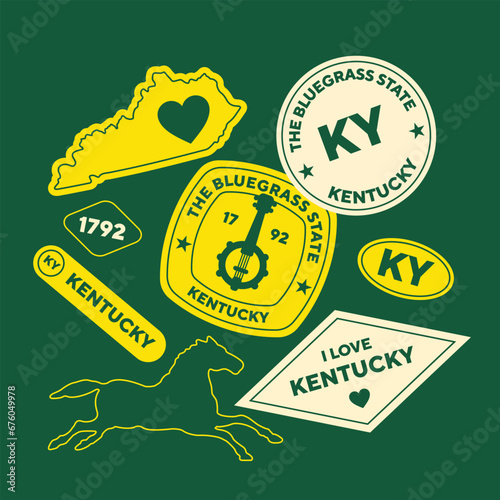 Sticker Pack. Collection of trendy pins. Set of cool patches vector design. Kentucky retro badges.