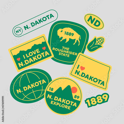 Sticker Pack. Collection of trendy pins. Set of cool patches vector design. North Dakota retro badges.