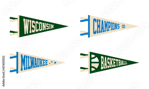Milwaukee, Wisconsin basketball Pennant Flags Set. Vector basketball flag Icons. University USA Sport flag, isolated