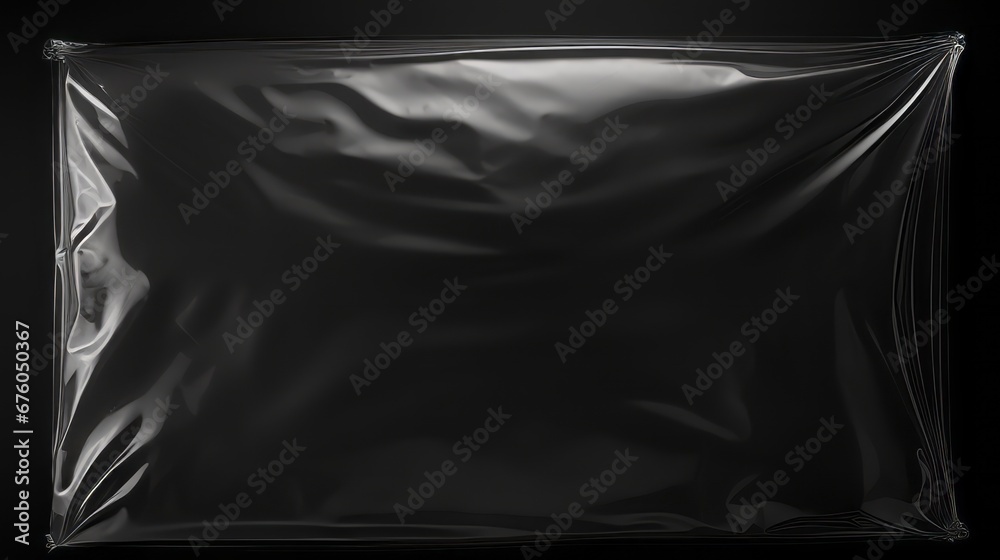 Authentic polyethylene texture on black background. Ruffled packaging