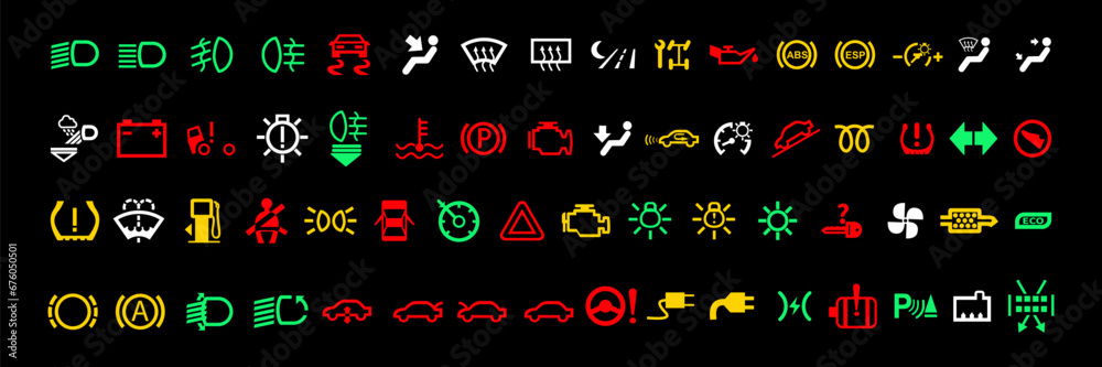 Car dashboard signs. Set of warning driving signs. Collection of the main indicators of the car on a black background eps10. - obrazy, fototapety, plakaty 
