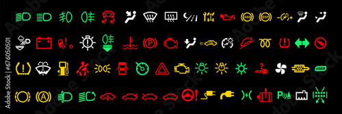 Car dashboard signs. Set of warning driving signs. Collection of the main indicators of the car on a black background eps10.
