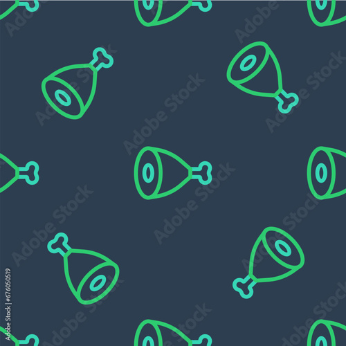 Line Chicken leg icon isolated seamless pattern on blue background. Chicken drumstick. Vector