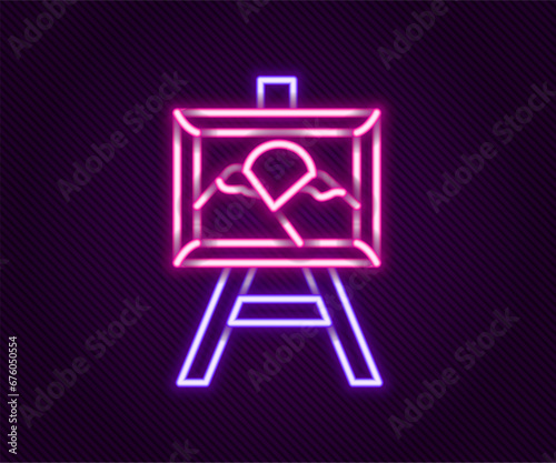 Glowing neon line Auction painting icon isolated on black background. Auction bidding. Sale and buyers. Colorful outline concept. Vector