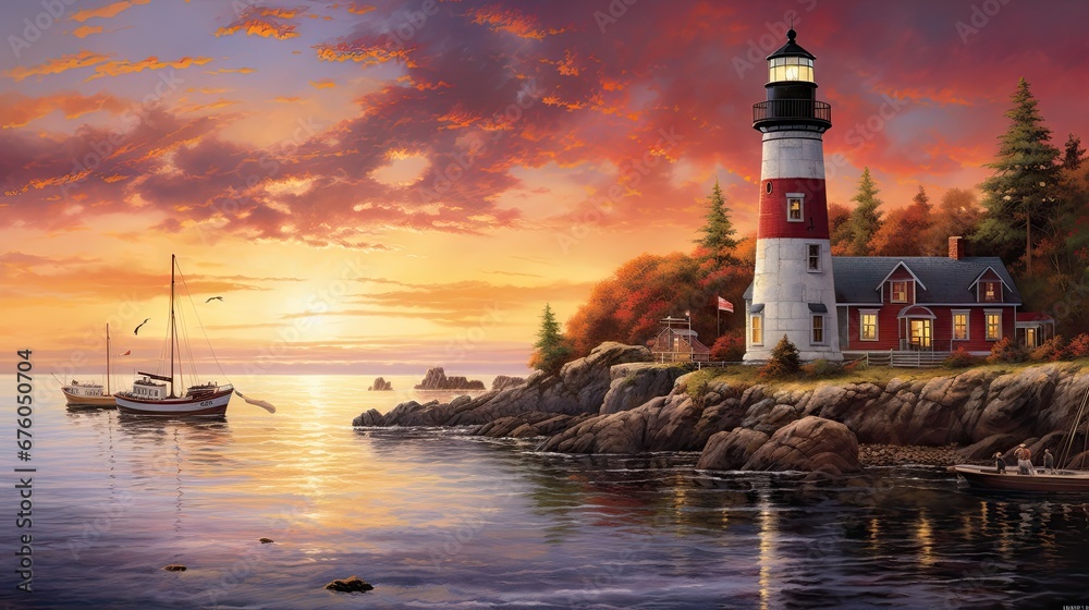  a painting of a lighthouse and a boat on a body of water with a sunset in the background and clouds in the sky.  generative ai