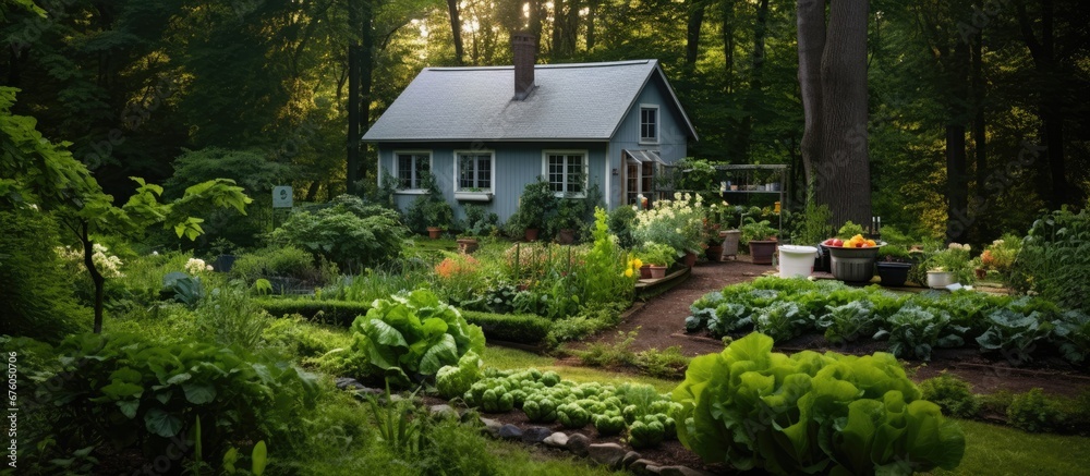 In a vintage garden surrounded by lush green leaves and the vibrant colors of nature a backdrop of white farmhouse provides the perfect background for a health conscious cook sourcing fresh 