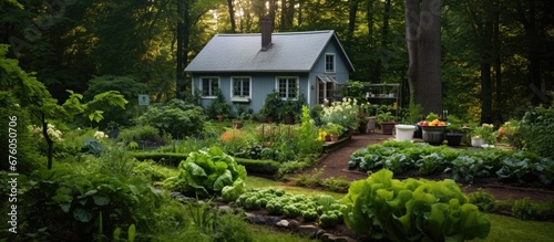 In a vintage garden surrounded by lush green leaves and the vibrant colors of nature a backdrop of white farmhouse provides the perfect background for a health conscious cook sourcing fresh 